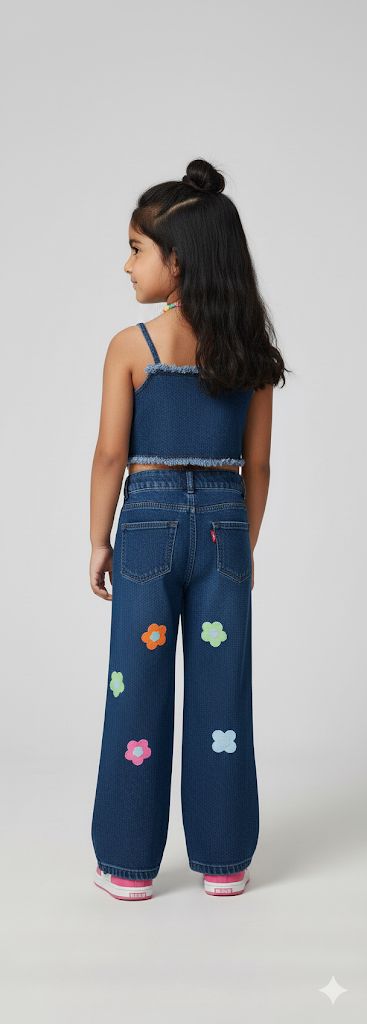 Girls Floral Appliqué Denim Co-ord Set – Trendy Wide-Leg Jeans & Frayed Denim Top | Stylish Kids Fashion Outfit