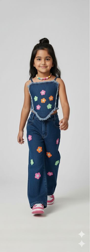 Girls Floral Appliqué Denim Co-ord Set – Trendy Wide-Leg Jeans & Frayed Denim Top | Stylish Kids Fashion Outfit