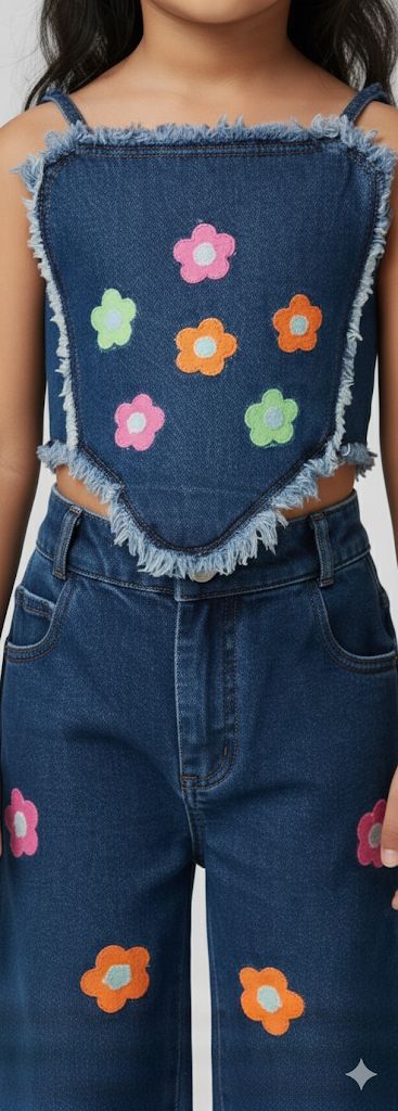 Girls Floral Appliqué Denim Co-ord Set – Trendy Wide-Leg Jeans & Frayed Denim Top | Stylish Kids Fashion Outfit