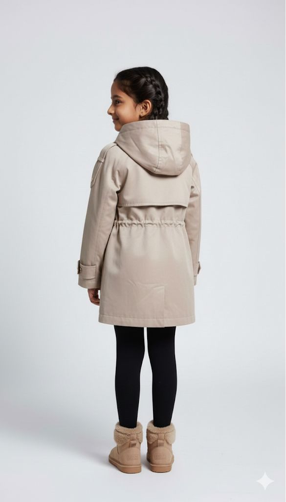 Girls Premium Beige Trench Coat – Winter Warm Long Jacket with Hood | Stylish Kids Outerwear