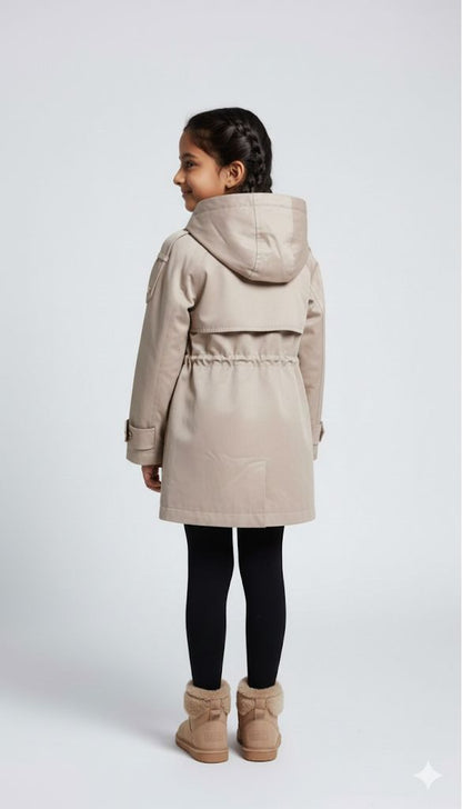 Girls Premium Beige Trench Coat – Winter Warm Long Jacket with Hood | Stylish Kids Outerwear