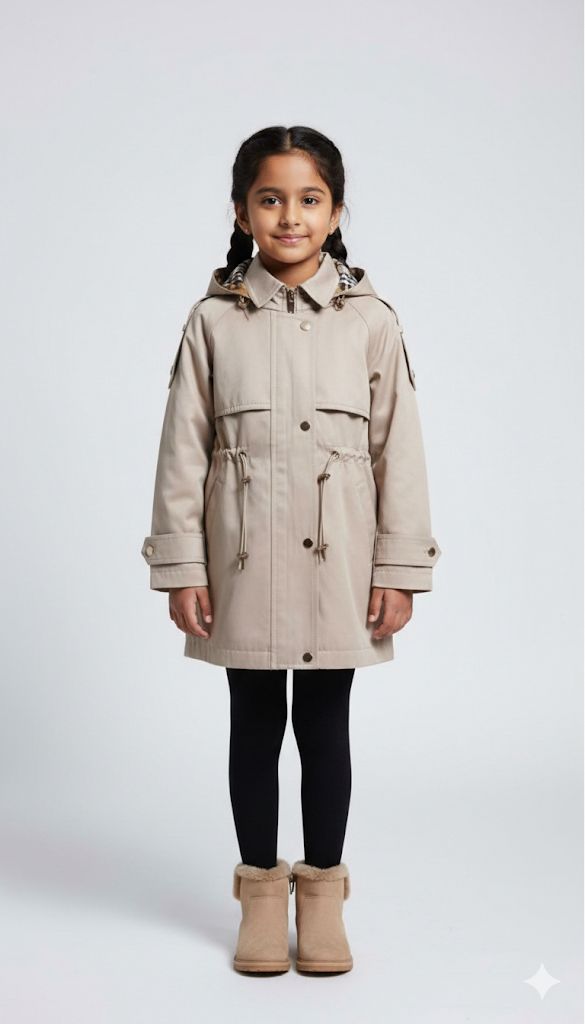 Girls Premium Beige Trench Coat – Winter Warm Long Jacket with Hood | Stylish Kids Outerwear