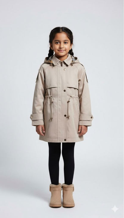 Girls Premium Beige Trench Coat – Winter Warm Long Jacket with Hood | Stylish Kids Outerwear