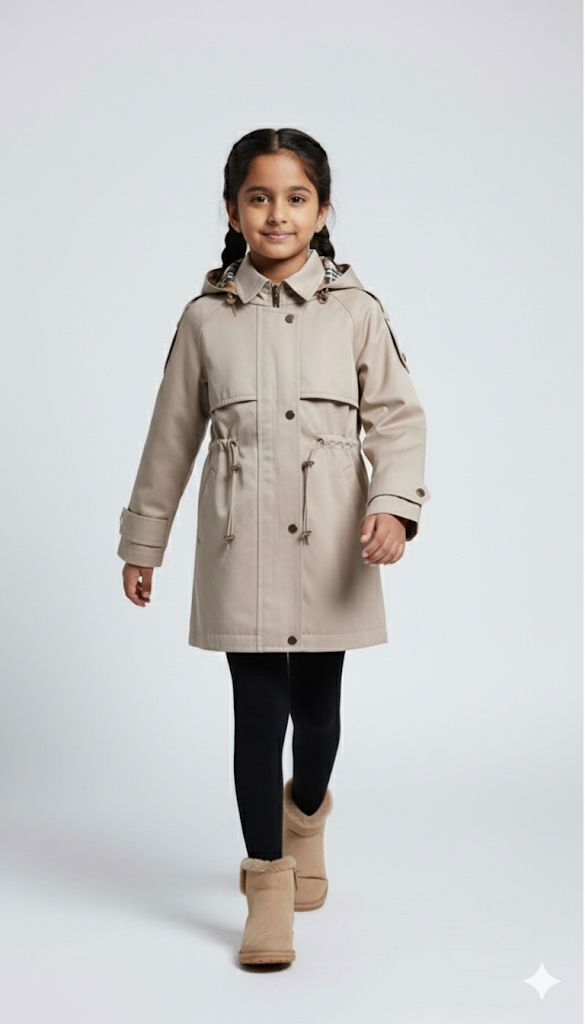 Girls Premium Beige Trench Coat – Winter Warm Long Jacket with Hood | Stylish Kids Outerwear