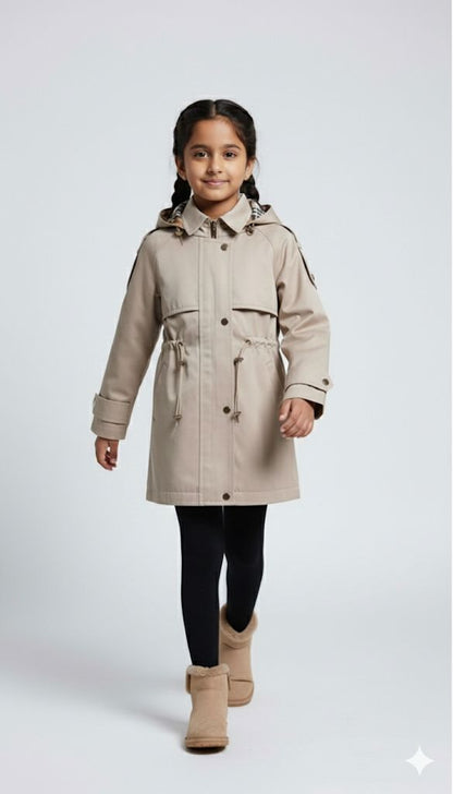 Girls Premium Beige Trench Coat – Winter Warm Long Jacket with Hood | Stylish Kids Outerwear