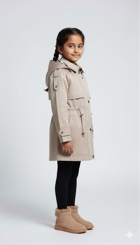 Girls Premium Beige Trench Coat – Winter Warm Long Jacket with Hood | Stylish Kids Outerwear