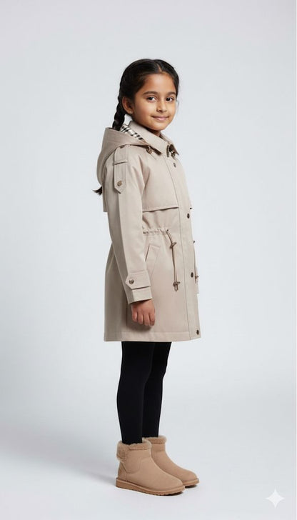 Girls Premium Beige Trench Coat – Winter Warm Long Jacket with Hood | Stylish Kids Outerwear