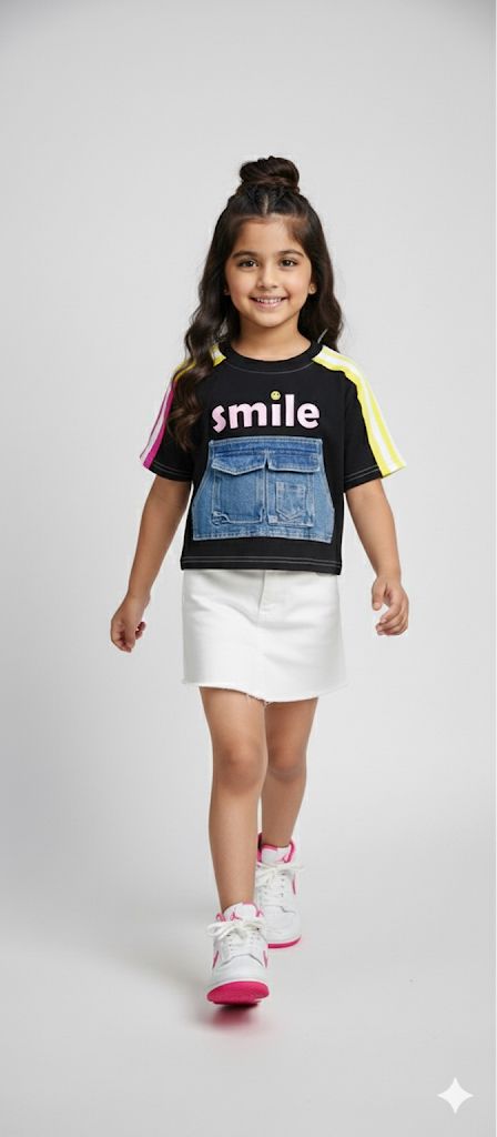 Girls “Smile” Colour block T-Shirt with Denim Pocket – Trendy Casual Top for Kids