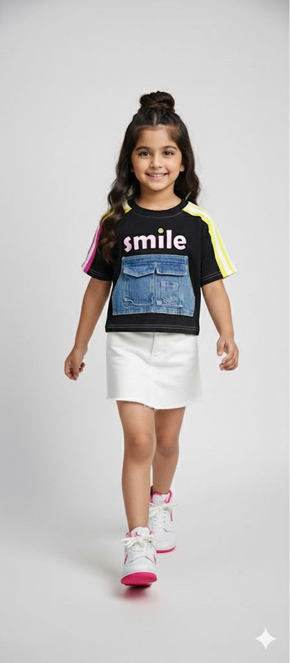 Girls “Smile” Colour block T-Shirt with Denim Pocket – Trendy Casual Top for Kids