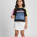 Girls “Smile” Colour block T-Shirt with Denim Pocket – Trendy Casual Top for Kids