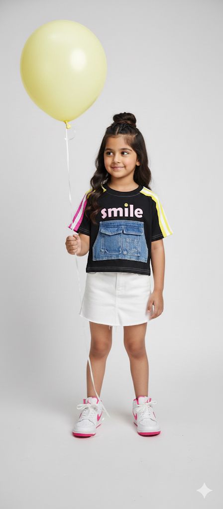 Girls “Smile” Colour block T-Shirt with Denim Pocket – Trendy Casual Top for Kids