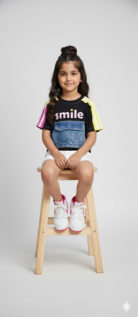 Girls “Smile” Colour block T-Shirt with Denim Pocket – Trendy Casual Top for Kids