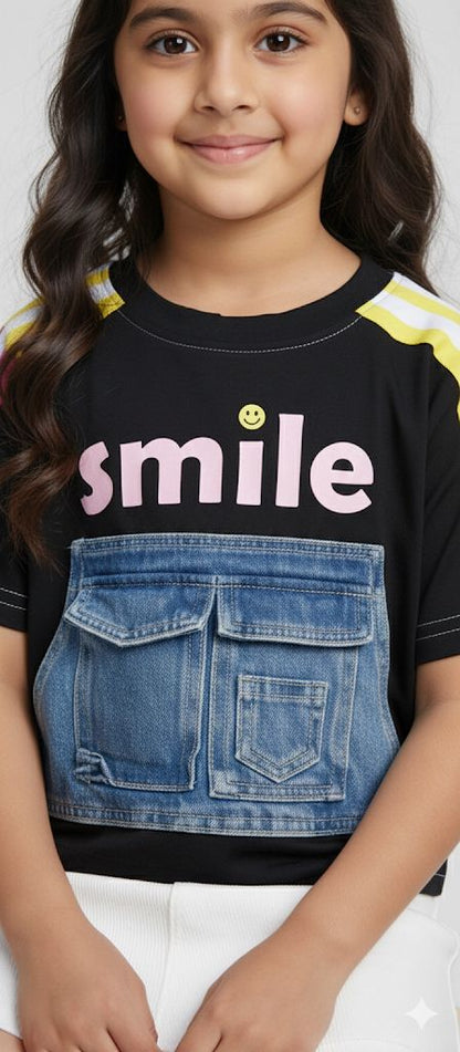 Girls “Smile” Colour block T-Shirt with Denim Pocket – Trendy Casual Top for Kids