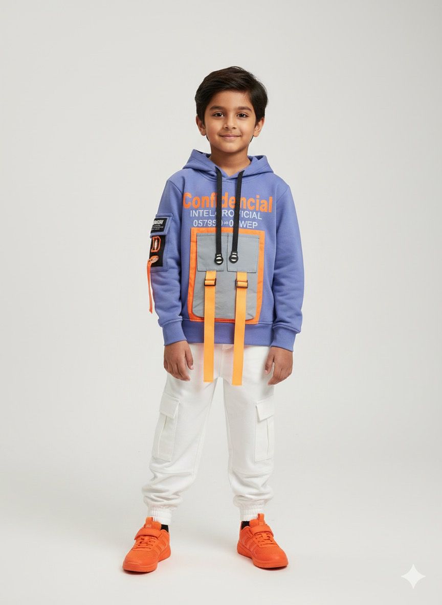 Boys Blue “Confidencial” Utility Hoodie – Reflective Pocket & Strap Detail | Trendy Streetwear Winter Top