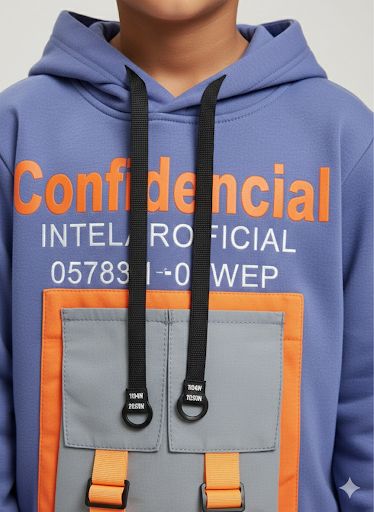 Boys Blue “Confidencial” Utility Hoodie – Reflective Pocket & Strap Detail | Trendy Streetwear Winter Top