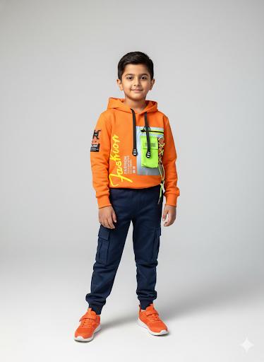 Boys Orange Neon Pocket Hoodie – Trendy Streetwear Style Top