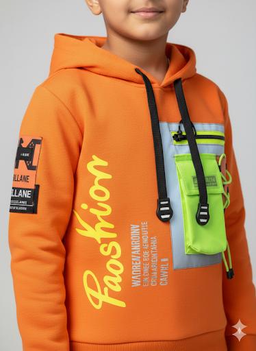 Boys Orange Neon Pocket Hoodie – Trendy Streetwear Style Top