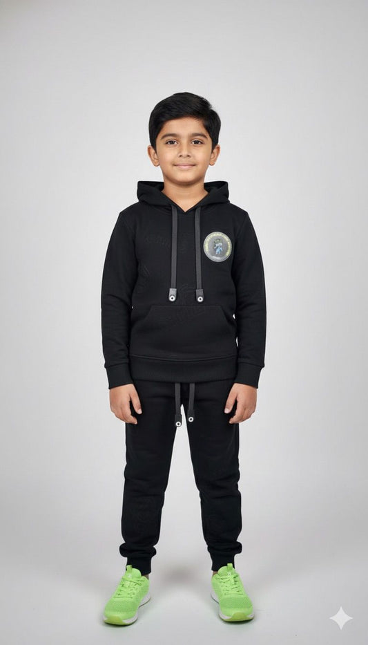 Boys All-Black Premium Hoodie & Jogger Co-ord Set | Winter Warm Kids Tracksuit