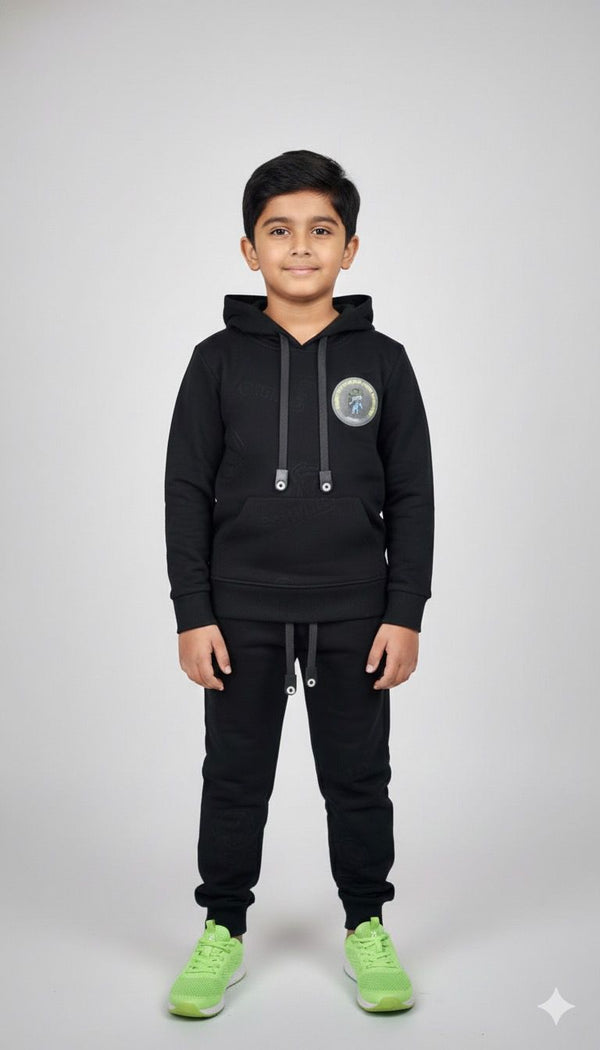 Boys All-Black Premium Hoodie & Jogger Co-ord Set | Winter Warm Kids Tracksuit