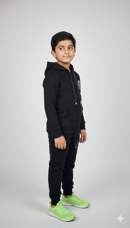 Boys All-Black Premium Hoodie & Jogger Co-ord Set | Winter Warm Kids Tracksuit