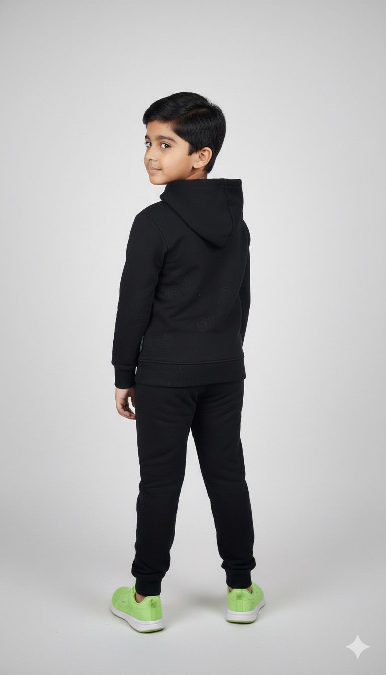 Boys All-Black Premium Hoodie & Jogger Co-ord Set | Winter Warm Kids Tracksuit