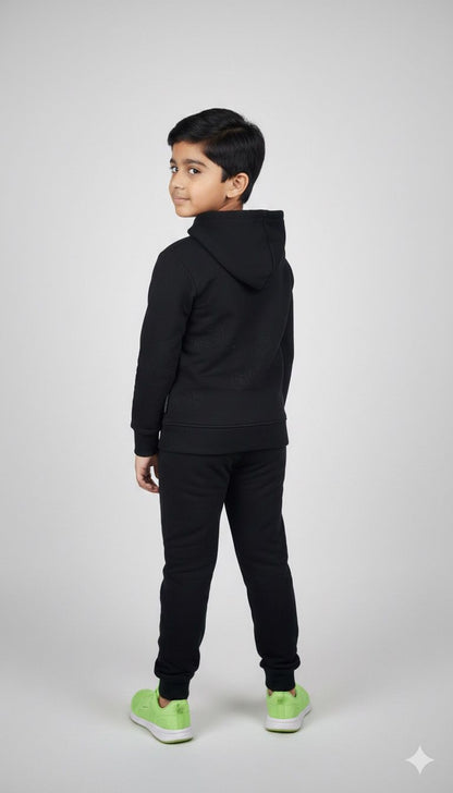Boys All-Black Premium Hoodie & Jogger Co-ord Set | Winter Warm Kids Tracksuit