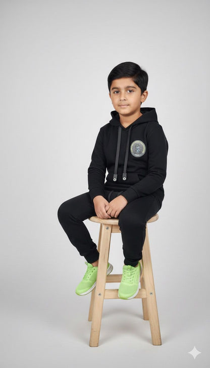Boys All-Black Premium Hoodie & Jogger Co-ord Set | Winter Warm Kids Tracksuit