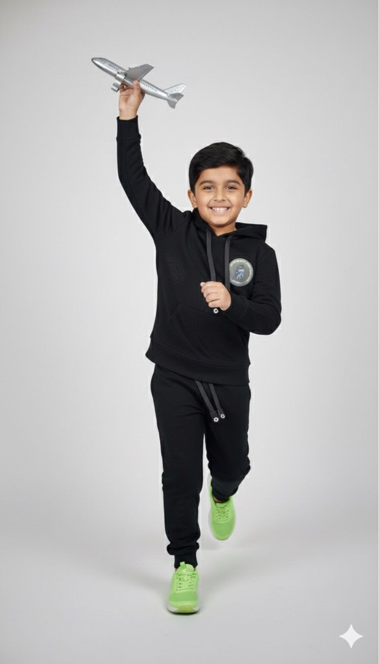 Boys All-Black Premium Hoodie & Jogger Co-ord Set | Winter Warm Kids Tracksuit