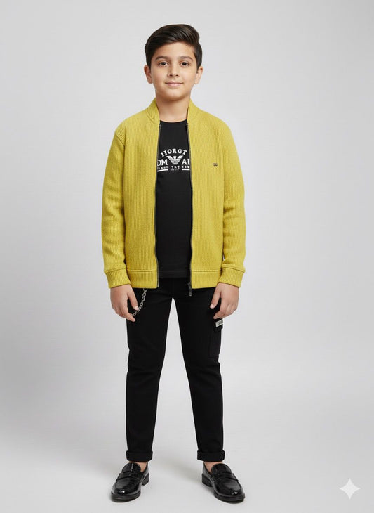 Boys Mustard Party Blazer Jacket With Black T-Shirt | Premium Winter Layer | Festive & Casual Wear