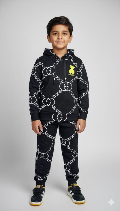 Boys Premium Black Designer Logo Co-ord Set | Hoodie & Joggers | Winter Fashion Set
