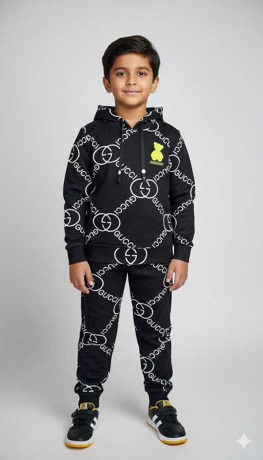 Boys Premium Black Designer Logo Co-ord Set | Hoodie & Joggers | Winter Fashion Set