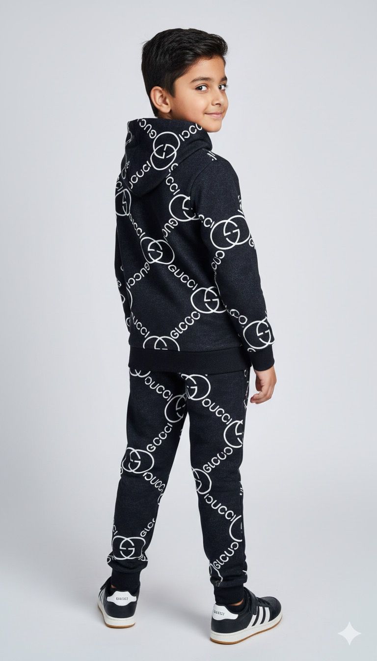 Boys Premium Black Designer Logo Co-ord Set | Hoodie & Joggers | Winter Fashion Set