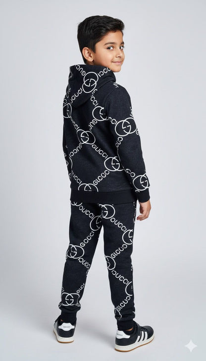 Boys Premium Black Designer Logo Co-ord Set | Hoodie & Joggers | Winter Fashion Set