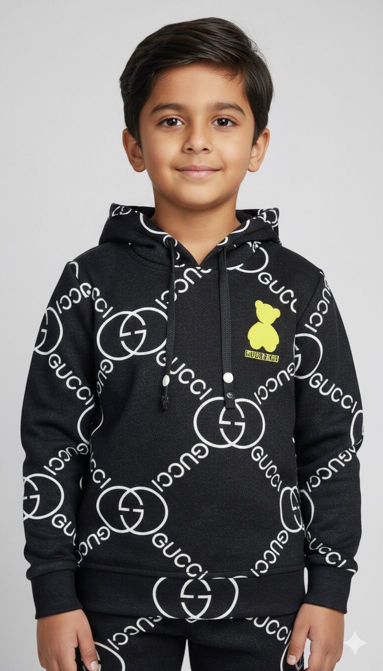 Boys Premium Black Designer Logo Co-ord Set | Hoodie & Joggers | Winter Fashion Set