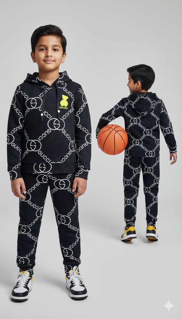 Boys Premium Black Designer Logo Co-ord Set | Hoodie & Joggers | Winter Fashion Set