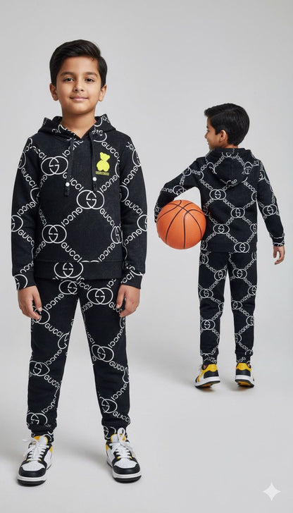 Boys Premium Black Designer Logo Co-ord Set | Hoodie & Joggers | Winter Fashion Set