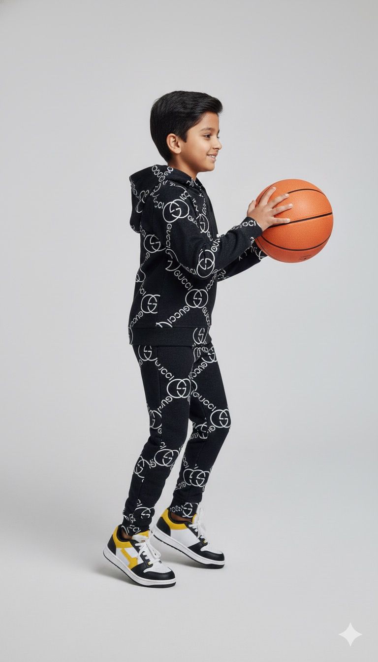 Boys Premium Black Designer Logo Co-ord Set | Hoodie & Joggers | Winter Fashion Set