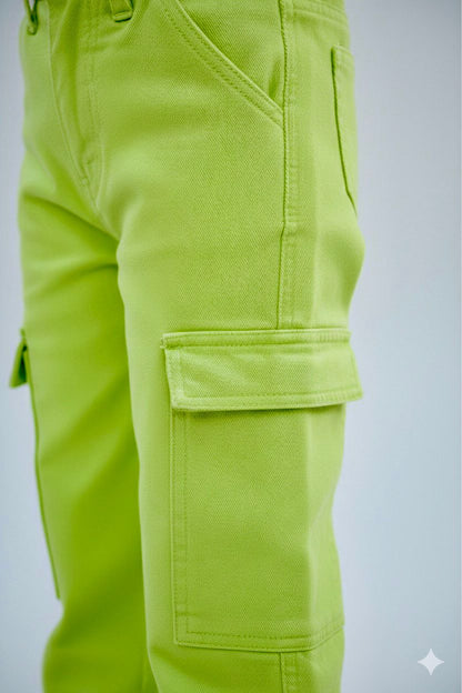 Girls Neon Green Jogger Denim | Trendy Cargo Joggers | Kids Fashion Bottoms
