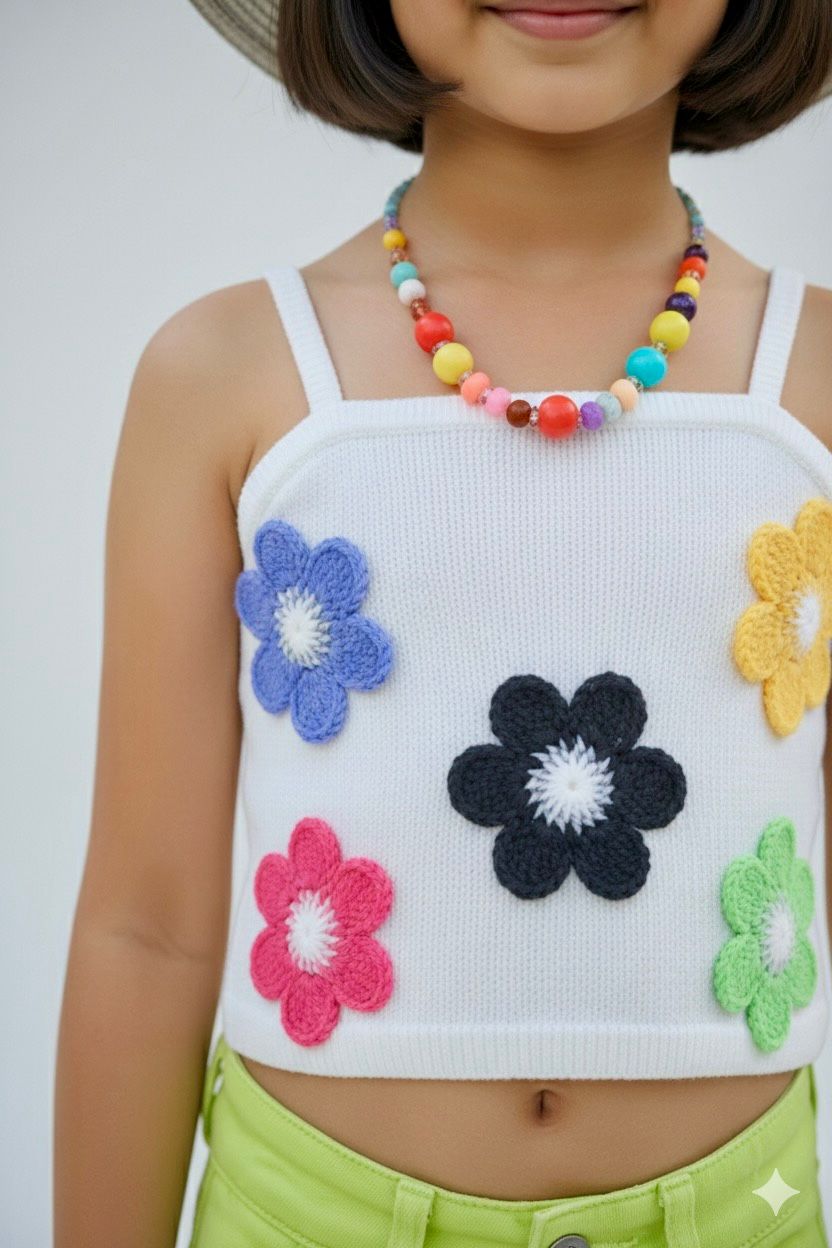 White Floral Crochet Crop Top | Summer Ribbed Sleeveless Top | Trendy Korean Style