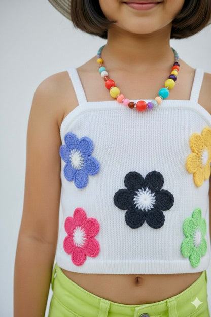 White Floral Crochet Crop Top | Summer Ribbed Sleeveless Top | Trendy Korean Style