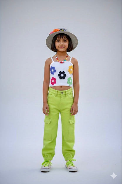 Girls Neon Green Jogger Denim | Trendy Cargo Joggers | Kids Fashion Bottoms