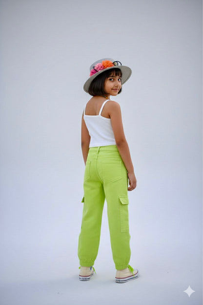Girls Neon Green Jogger Denim | Trendy Cargo Joggers | Kids Fashion Bottoms