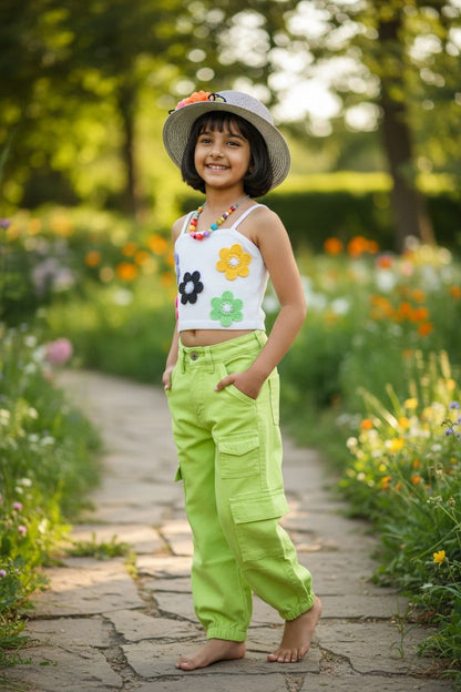 Girls Neon Green Jogger Denim | Trendy Cargo Joggers | Kids Fashion Bottoms