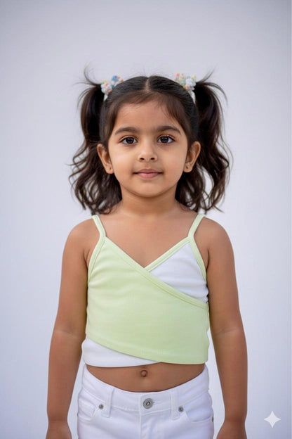 Girls Light Green Wrap Crop Top | Stylish Summer Spaghetti Top | Trendy Kids Wear