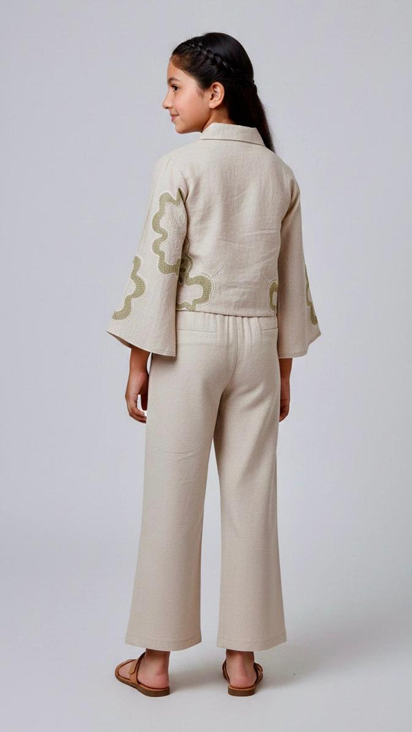 Girls Premium Beige Embroidered Co-Ord Set | Floral Shirt & Wide-Leg Pant Set | Elegant Festive & Casual Wear