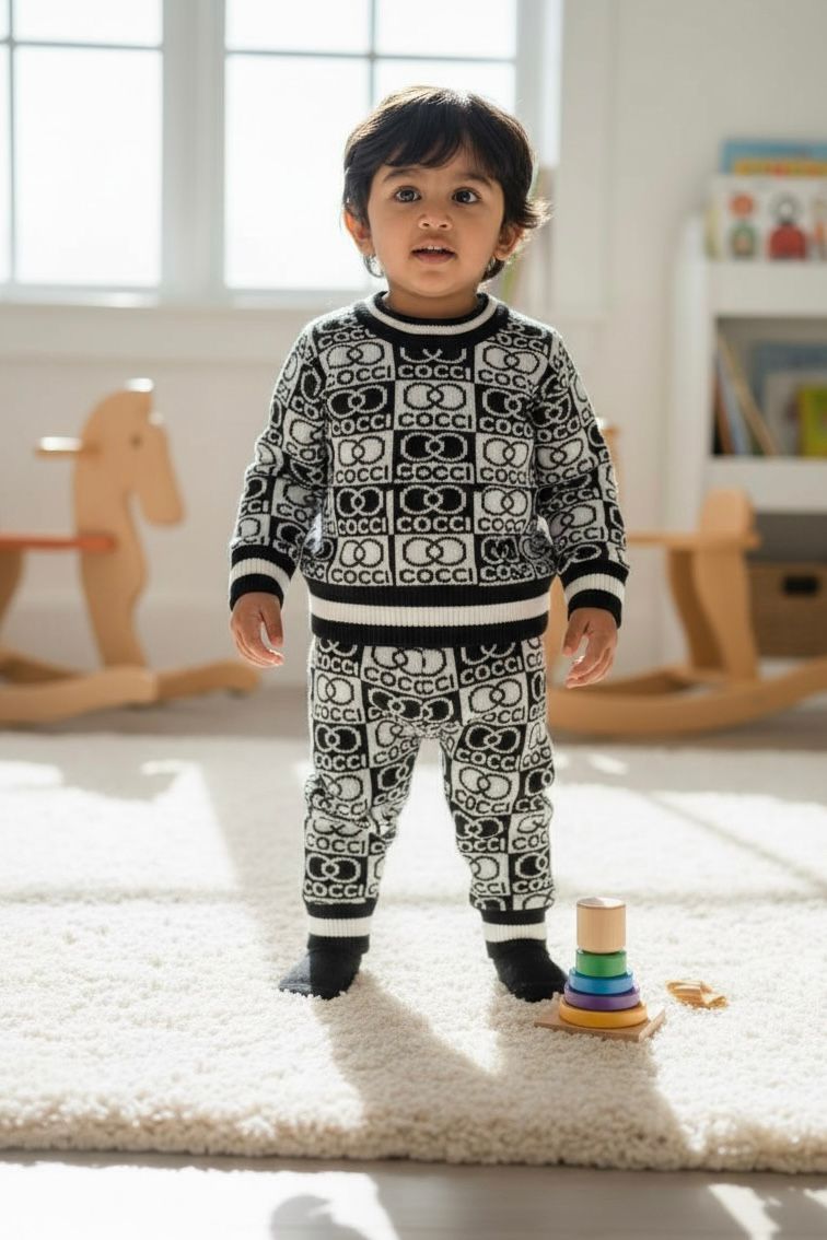 Baby & Toddler Premium Knitted Black & White Co-Ord Set | Winter Warm Logo Sweater & Joggers | Soft Woolen Unisex Outfit