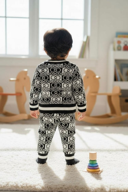Baby & Toddler Premium Knitted Black & White Co-Ord Set | Winter Warm Logo Sweater & Joggers | Soft Woolen Unisex Outfit