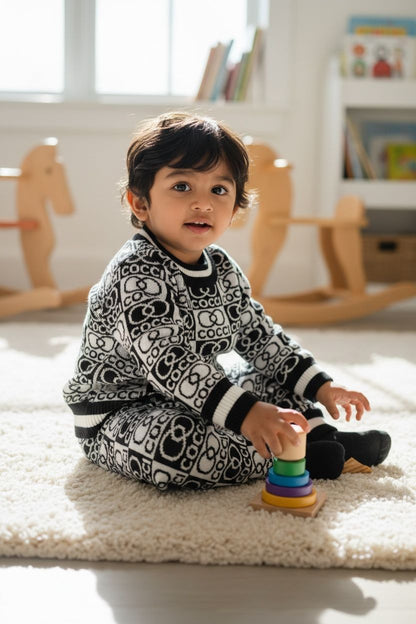 Baby & Toddler Premium Knitted Black & White Co-Ord Set | Winter Warm Logo Sweater & Joggers | Soft Woolen Unisex Outfit