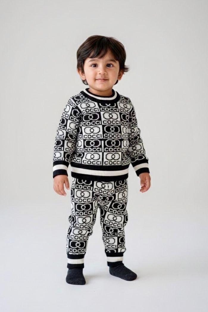 Baby & Toddler Premium Knitted Black & White Co-Ord Set | Winter Warm Logo Sweater & Joggers | Soft Woolen Unisex Outfit