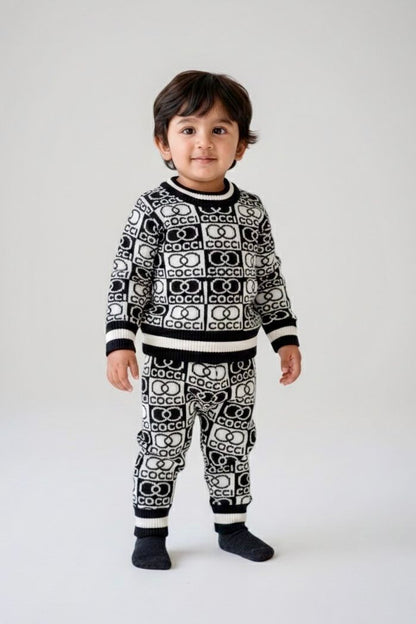 Baby & Toddler Premium Knitted Black & White Co-Ord Set | Winter Warm Logo Sweater & Joggers | Soft Woolen Unisex Outfit